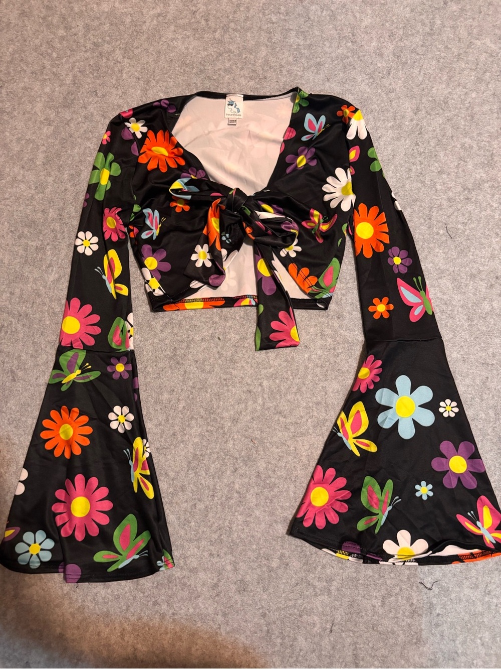 iHeartRaves Black Groovy Floral Butterfly Print Long Sleeve Tie Front Crop Top